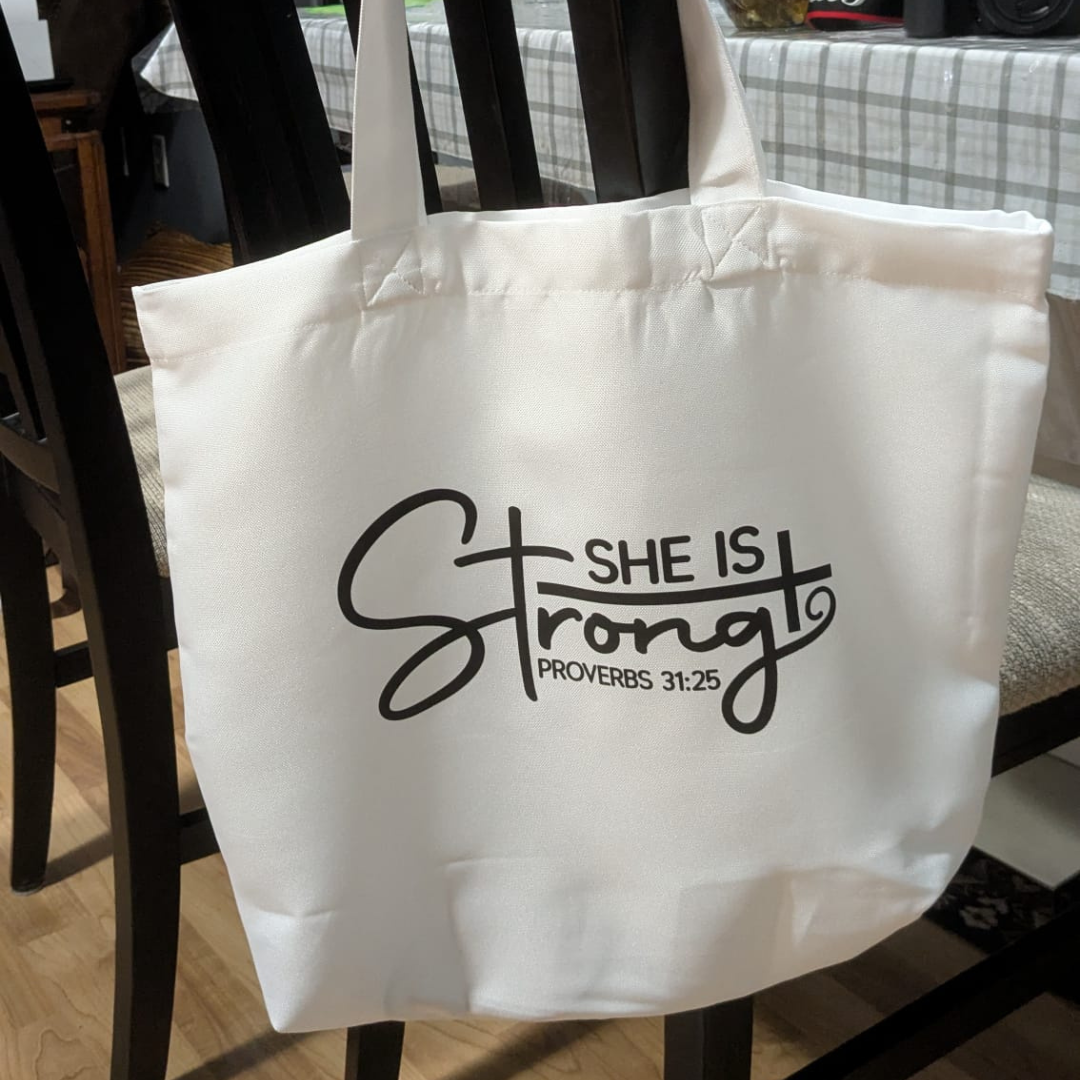 She Is Strong Christian Tote Bag – Proverbs 31:25 Inspirational Women’s Bag