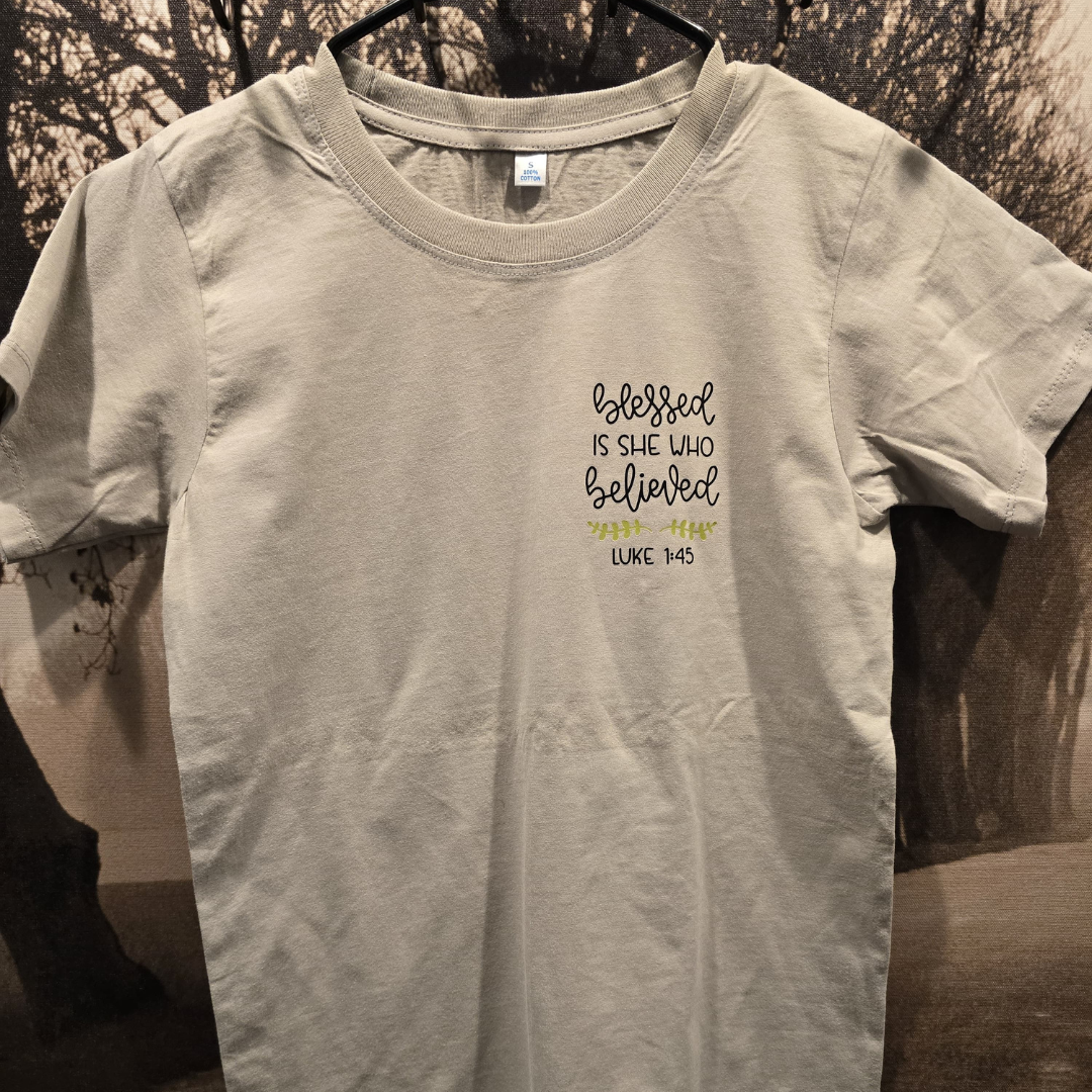 “Blessed Is She Who Believed” Women’s Faith T-Shirt – Luke 1:45