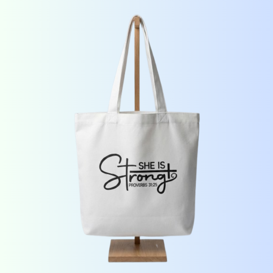 She Is Strong Christian Tote Bag – Proverbs 31:25 Inspirational Women’s Bag